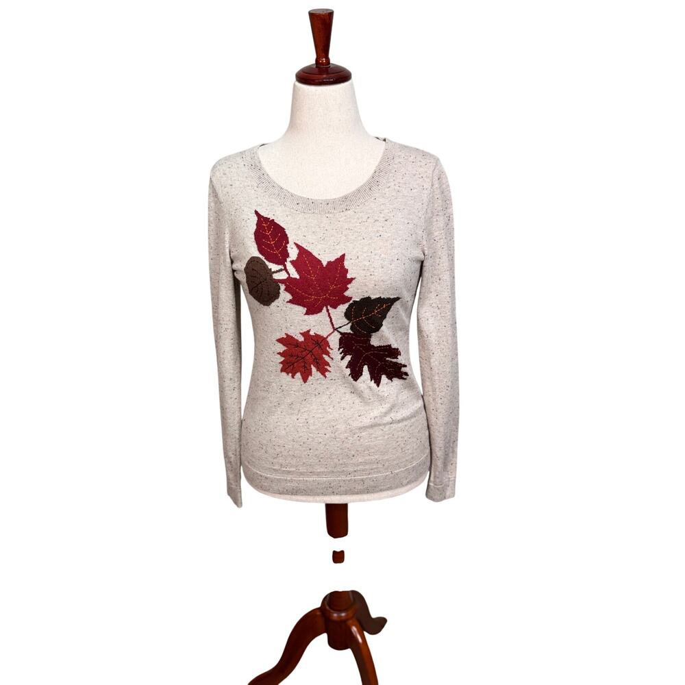 Talbots sweater cream speckled fall leaves embroidered knit pullover Sz S